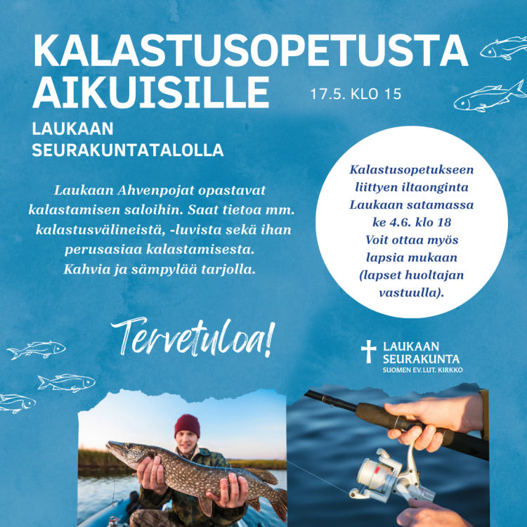 Kalastuskurssi kalastusharrastuksen aloittamisesta kiinnostuneille Kalastuskurssin mainoskuva.