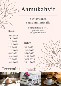 Esite, jossa kahvikupin kuvia ja päivämäärät.