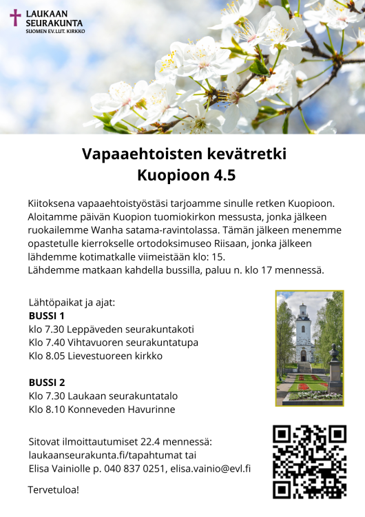 Vapaaehtoisten kevätretki Kuvassa vaaleita kukkia ja tekstiä