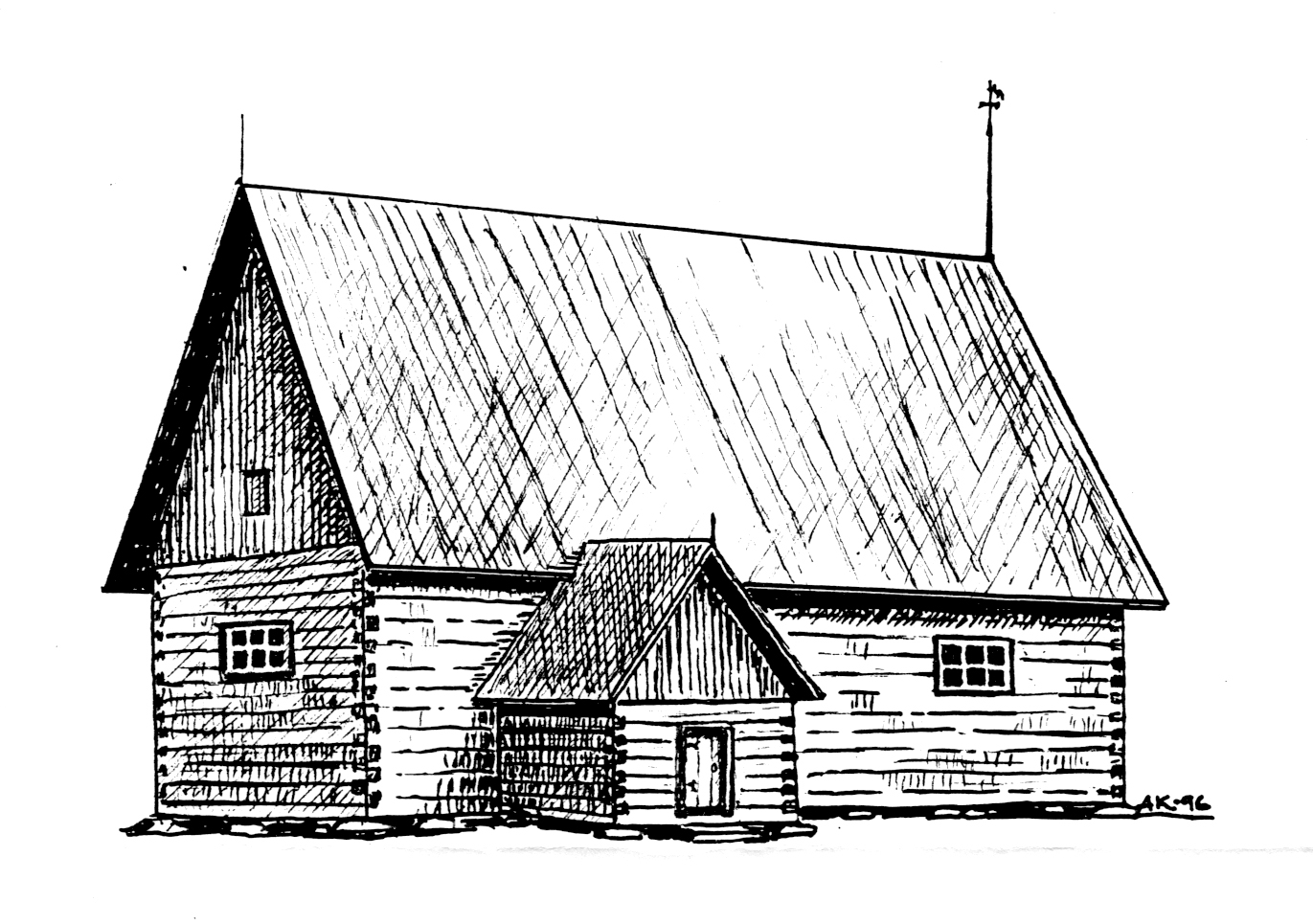 Hartikan kirkkoa esittävä ennallistuspiirros. Piirros: Atso Kena