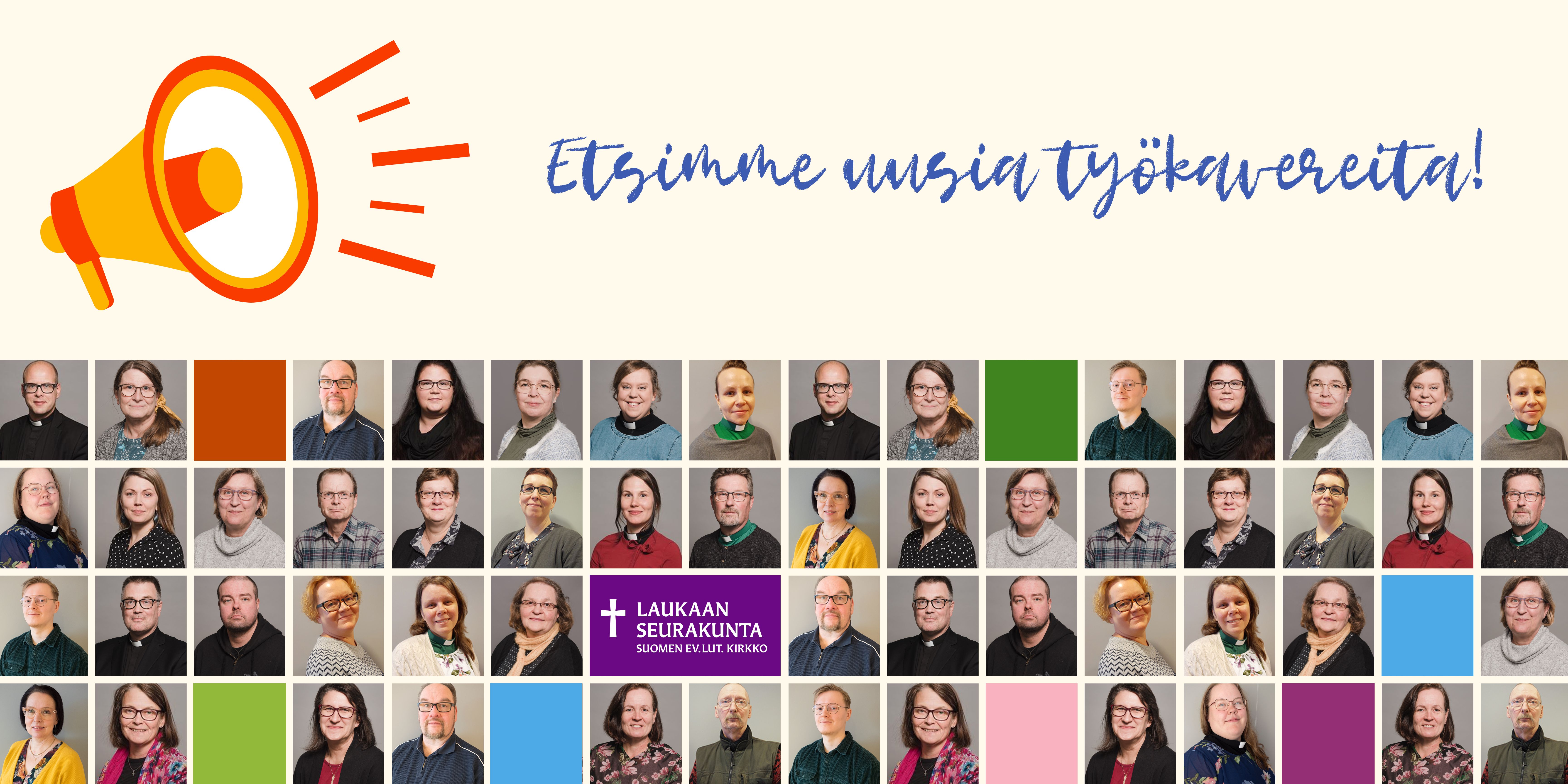Seurakunnan rekrymainoskuva, jossa työntekijöiden kuvia.